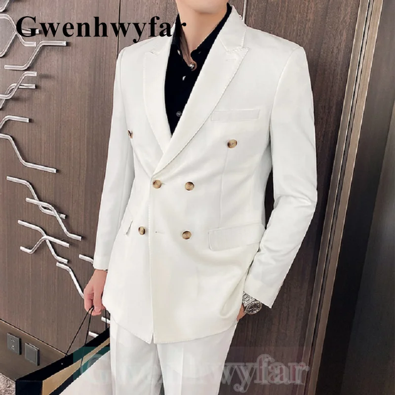

Gwenhwyfar 2021 британский стиль двубортные мужские костюмы деловой однотонный джентльменский белый комплект из 2 предметов Свадебный костюм для мужчин