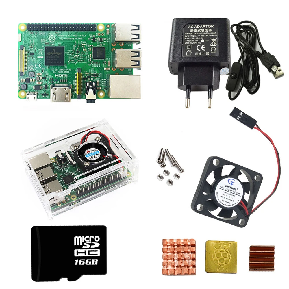 Online Vier Raspberry Pi3 Foundation Kits + Acryl Fall ABS fall + EU UNS Netzteil mit USB Kabel mit schalter und 16SD karte kühlkörper