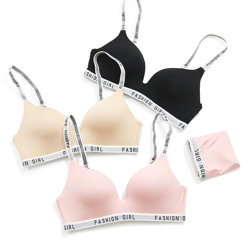 

Fashion Simple English Letter Sexy Bra Seamless Underwear Padded Push Up Bra For Small Breast Women Bra And Panties Sets