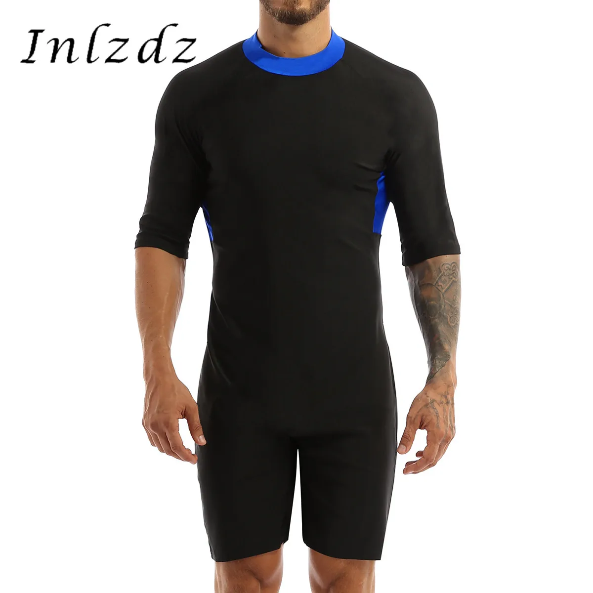 

Mens Leotard Bodysuit Round Neck Half Sleeves Jumpsuit Shorty Wetsuit Diving Swimming Snorkeling Surfing Scuba Warm Swimwear