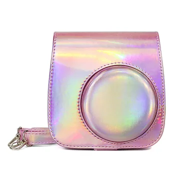

Instant Camera Case For Polaroid Instax Mini 9 8 Bag Pouch PU Leather Cover with Shoulder Strap Pink Silver Color