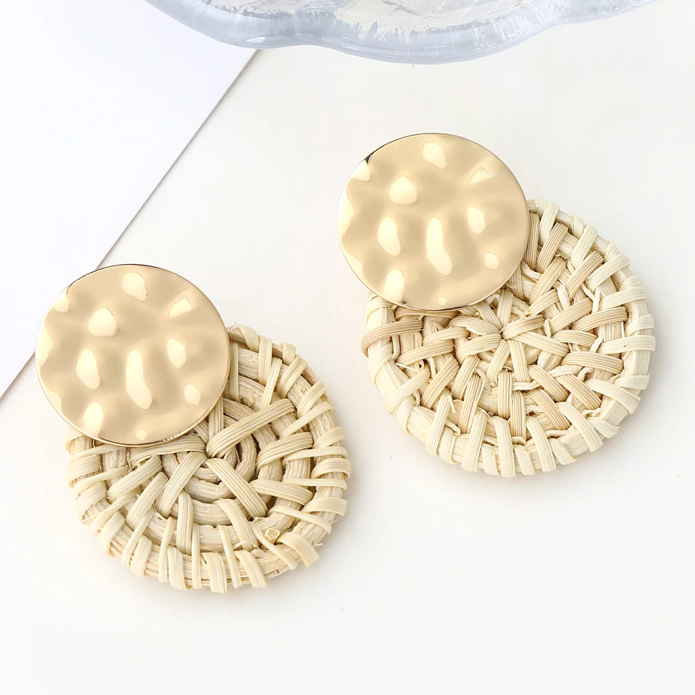 Korea Handmade Wooden Straw Woven Rattan Vine Braid Women Earrings Geometric Large Circle Long Drop Earrings