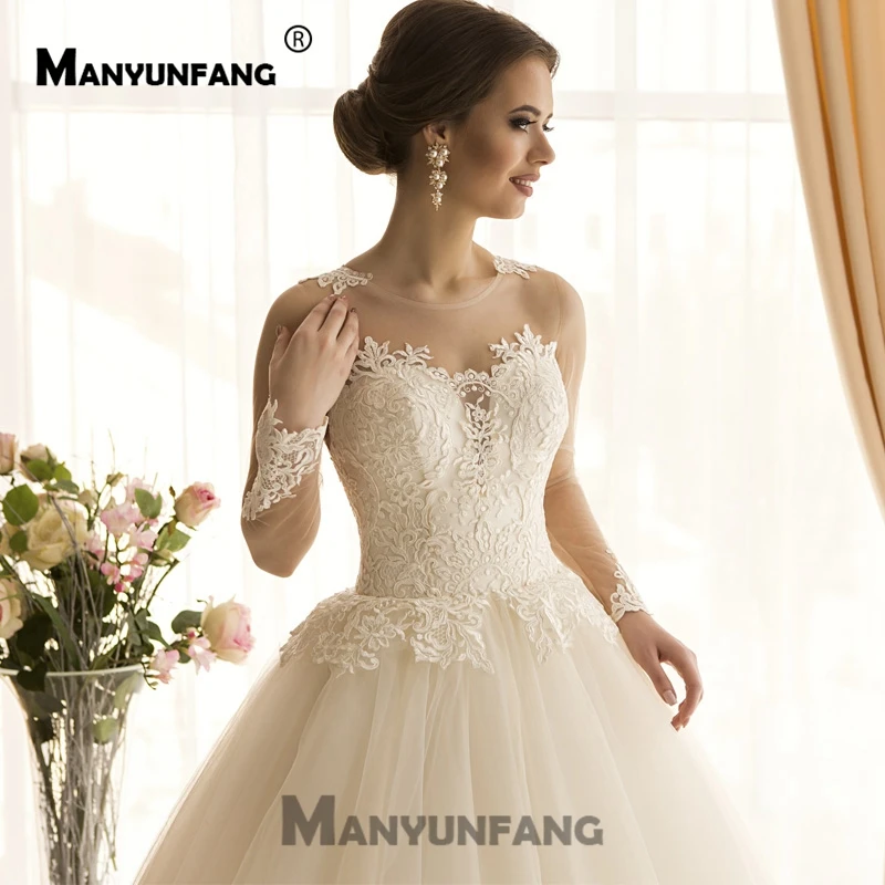 Vestido de Noiva Роскошные свадебные платья 2019 прозрачное бальное платье с длинными рукавами арабское свадебное платье с кружевами винтажное