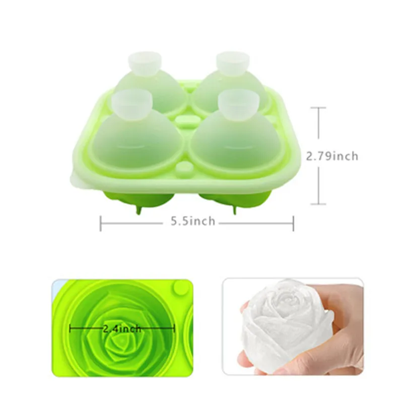 

4 Grids Rose Flower Ice Cube Trays with Removable Lids Silica Gel Ice Cube Mold BPA Free