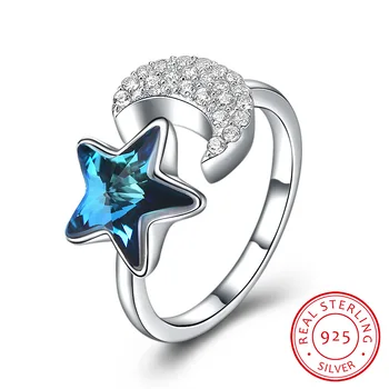

LEKANI Brand Fashion Star and Moon Ring For Women 925 Sterling Silver Crystal Female Ring Party Jewelry Girl Gift