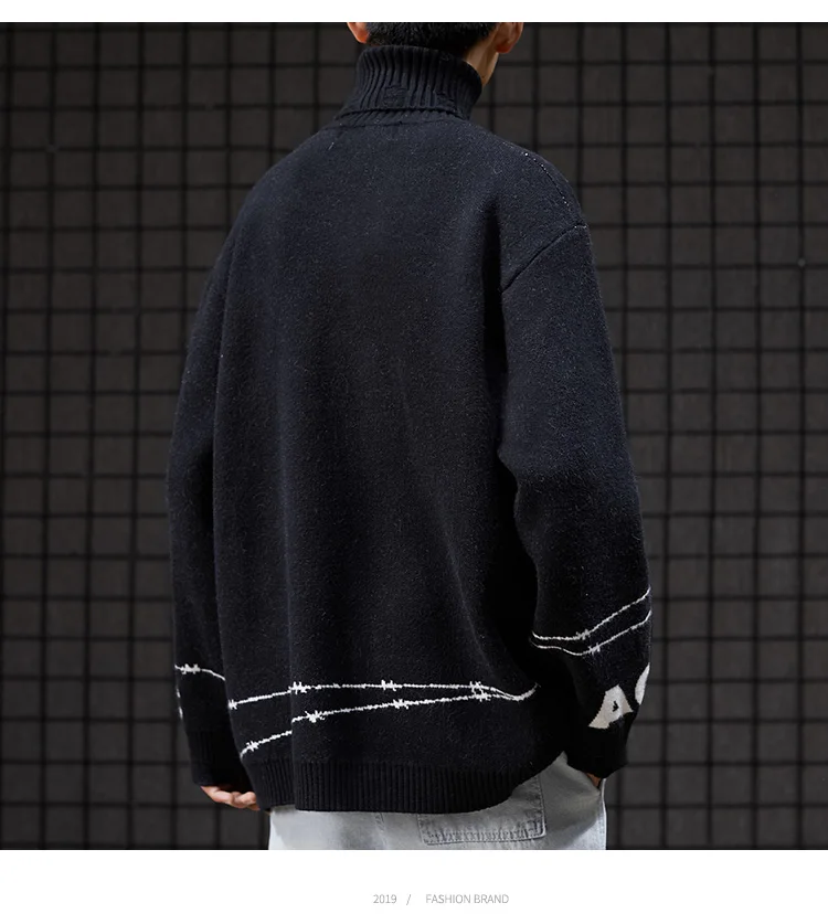 Зимние мужские вязаные свитера-пуловеры с вышивкой, повседневные свободные свитера с длинным рукавом и высоким воротником, дизайн, джемпер, вязаная одежда