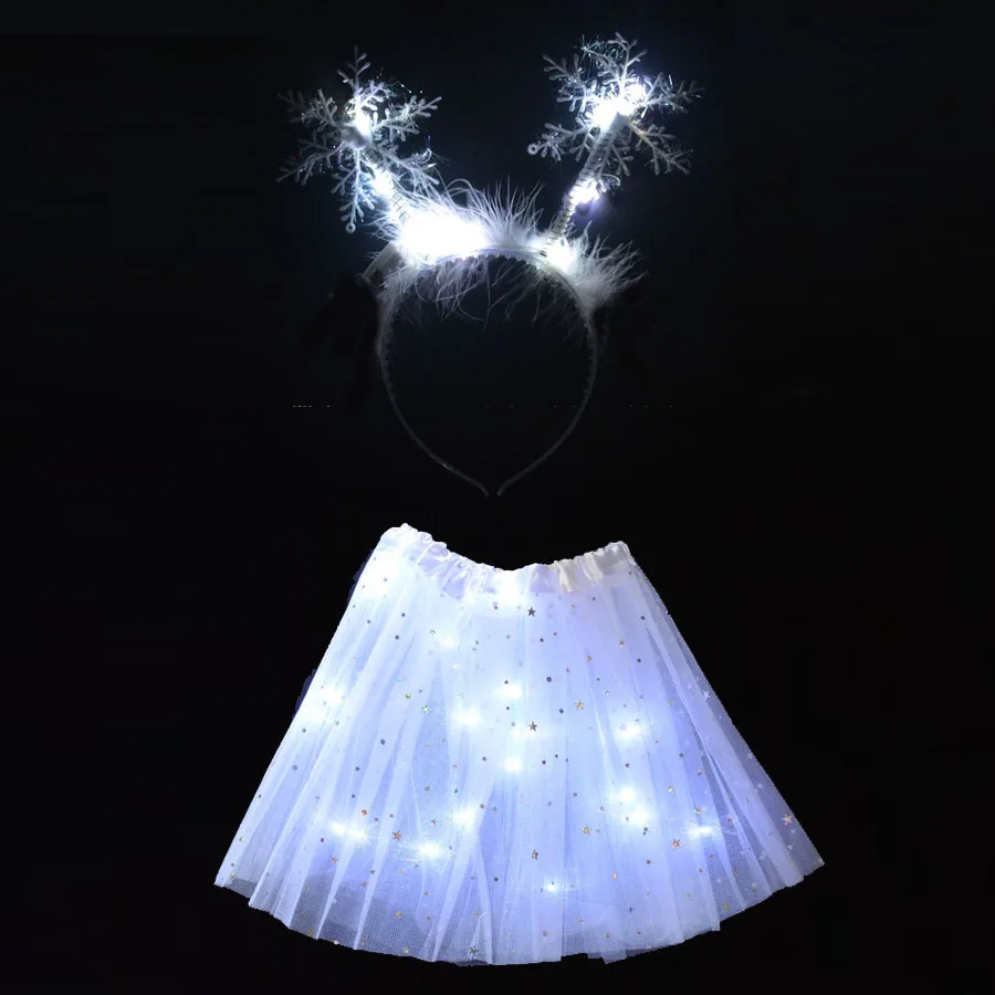 Неоновые вечерние светодиодный обруч для волос с перьями и снежинками, светодиодный светильник, юбка-пачка, светящаяся Рождественская декорация, год - Цвет: led white light