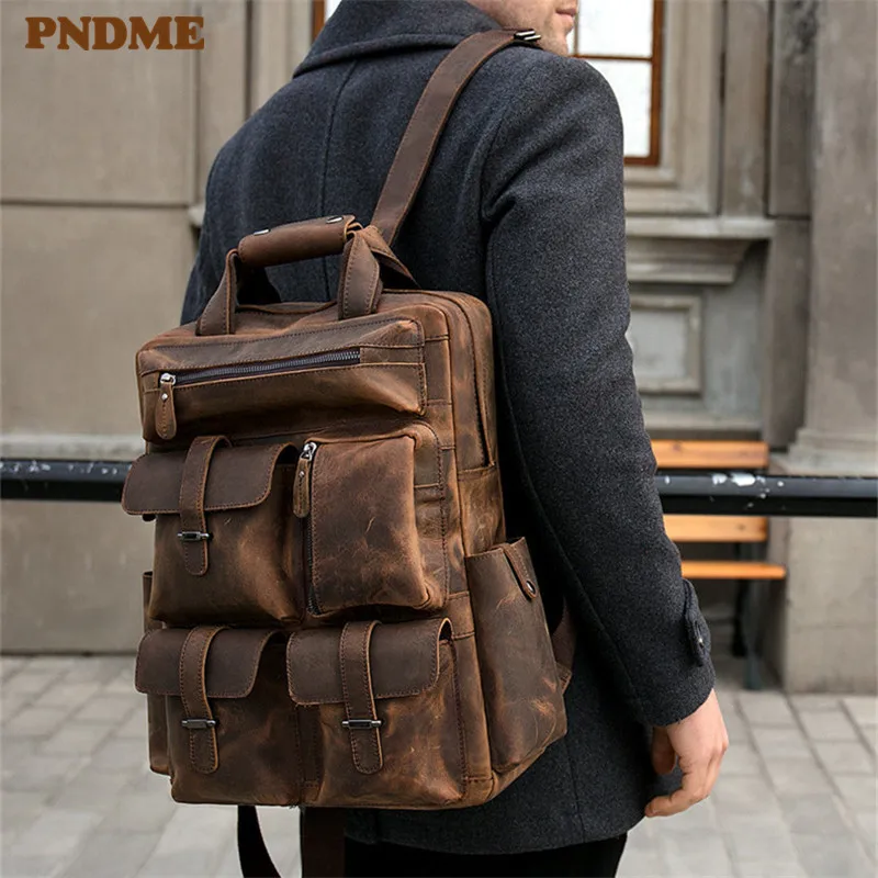 

PNDME retro high quality genuine leather men's backpack multi-pocket large travel bagpack crazy horse cowhide laptop bookbag