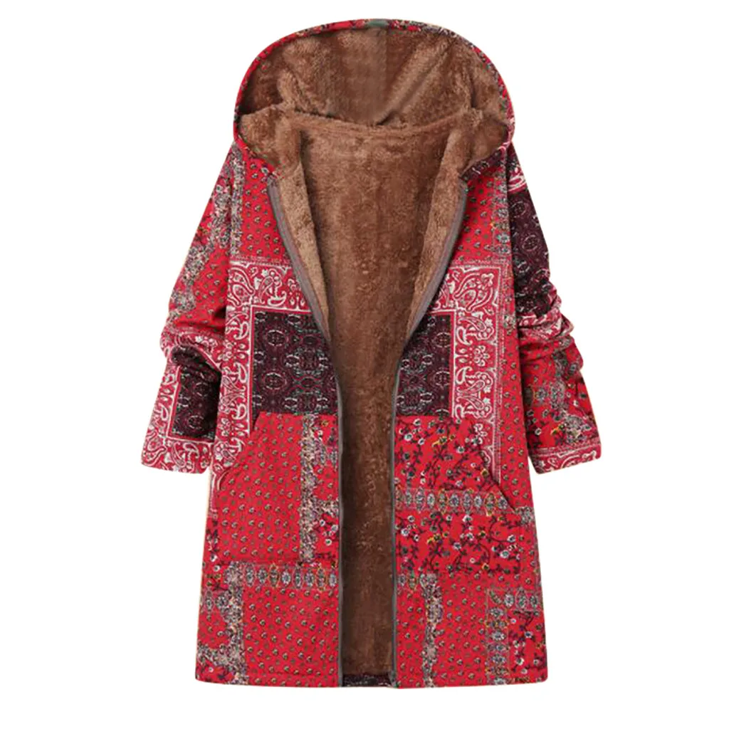 Зимнее пальто женское Плюс Размер vintage винтажная Женская куртка на молнии с длинным рукавом парка с капюшоном теплое плюшевое Женское пальто верхняя одежда