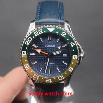 

Sapphire crystal Bliger 41mm blue dial luxury brand luminous marks GMT function automatic movement men's wrist watch