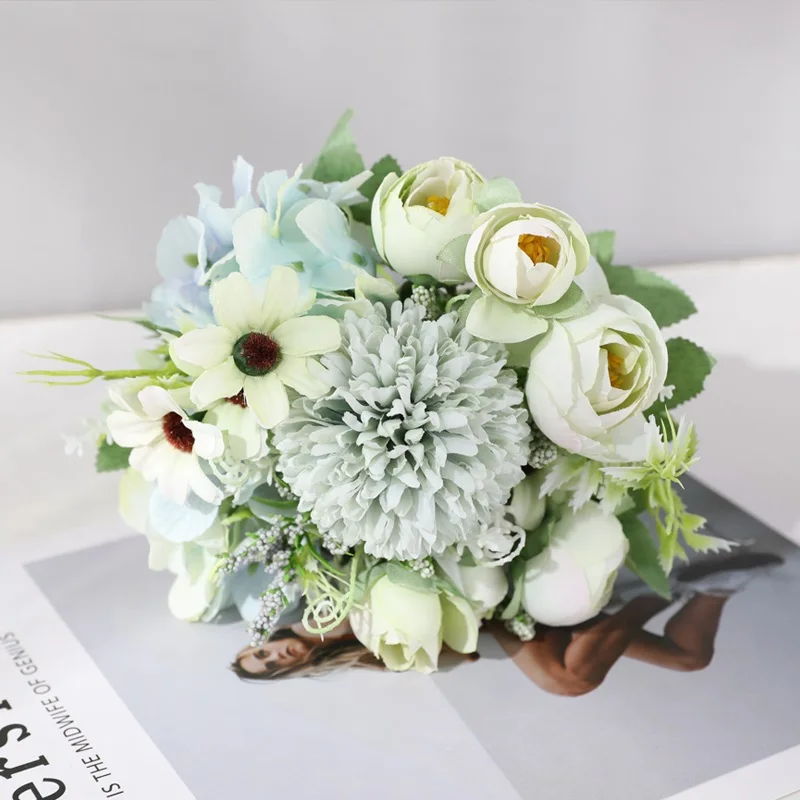 Green daisy Yumai 7 голов цветы гортензии искусственный букет Шелк Цветущий Искусственный Пион свадебный ручной цветок розы Свадебный декор - Цвет: Green daisy