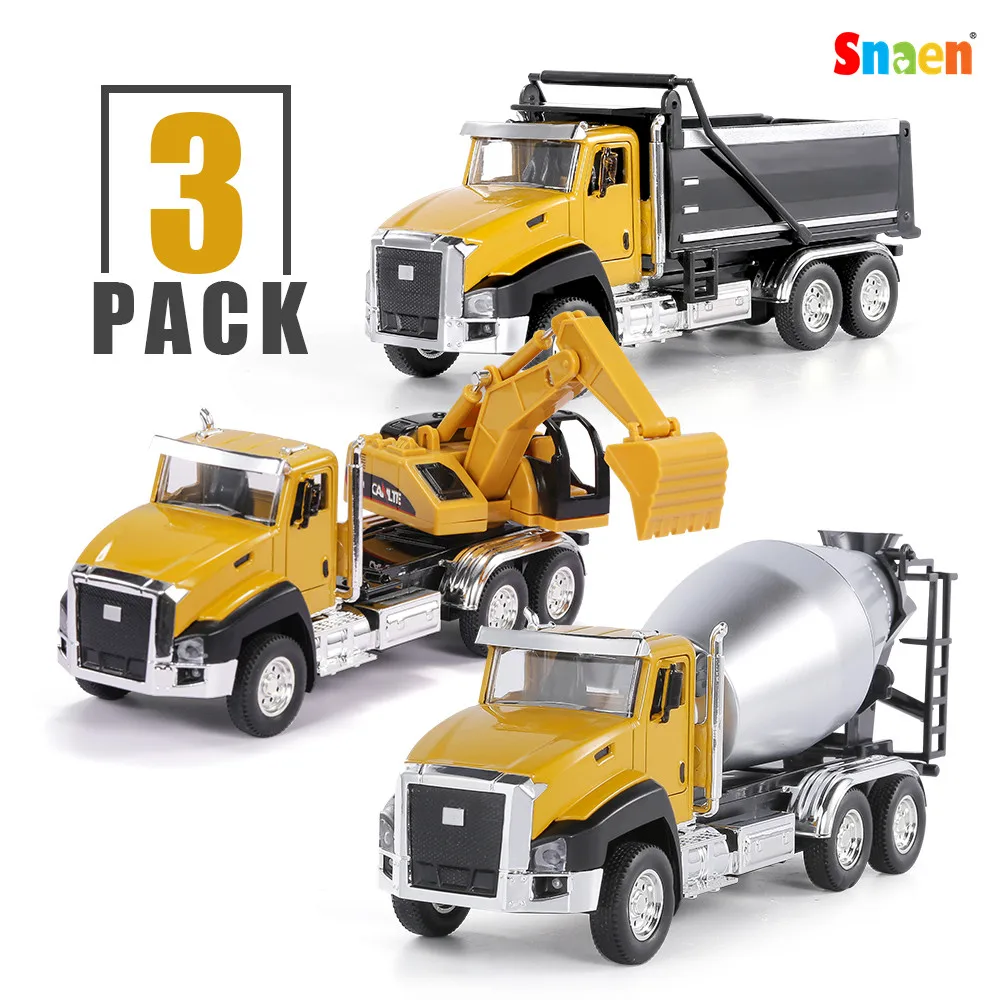 

3 Pack of Diecast Engineering Construction Vehicles Dump Digger Mixer Truck 1/50 Scale Metal Model Cars Pull Back Car Toys