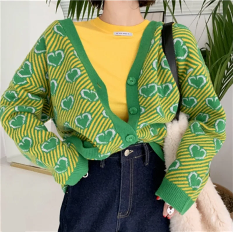RUGOD Autumn Winter New Style Chic Love Pattern Plus Size Women V-neck Stripe Cardigan Fashion Kpop Clothes