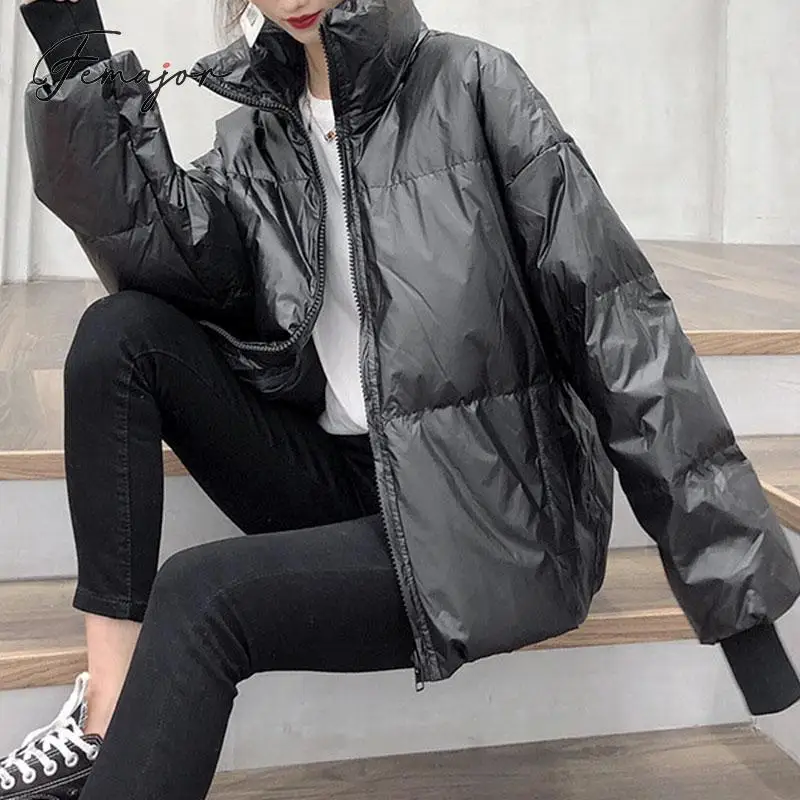

Femajor Winter 2019 Women Warm Down Jackets Fashion Solid Color Zip Puffer Jackets Female Turndown Collar Parkas Ladies Coats