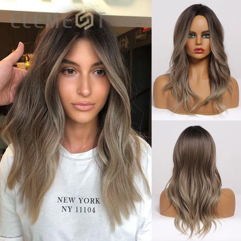 

Element Synthetic Long Natural Wave Middle Part Ombre Black to Brown Wigs Heat Resistant Cosplay Party Wig for White/Black Women