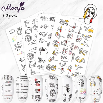 

Monja12 Styles Nail Art Water Transfer Sticker Animal Human Face English Abstract Image DIY Transfer Slider For Manicure Decor