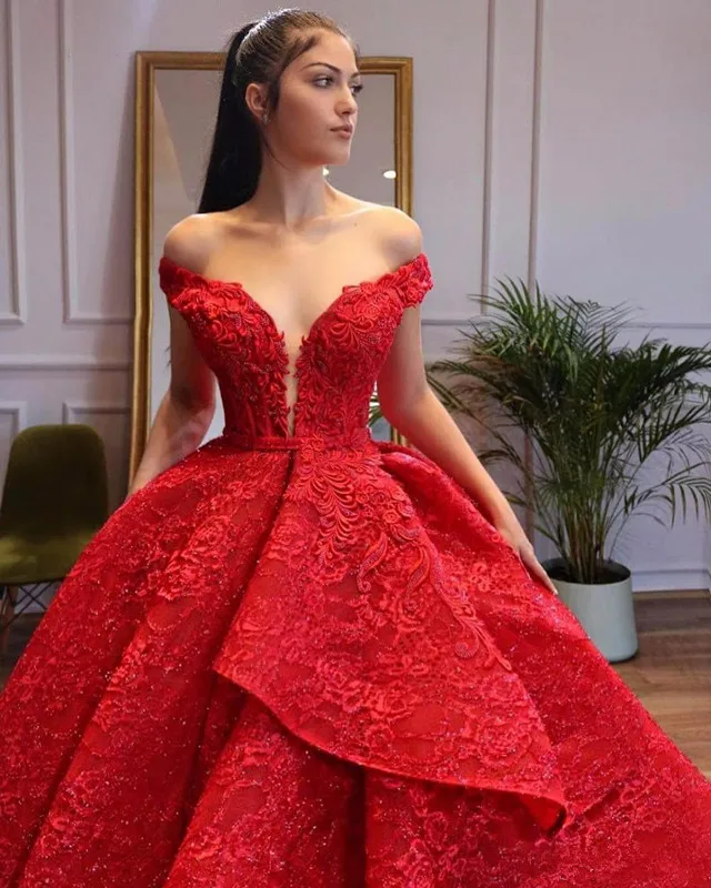 Потрясающие Многослойные Пышные Красные Свадебные платья с открытыми плечами кружевное с аппликацией из бусин с блестками Pagenat свадебные платья