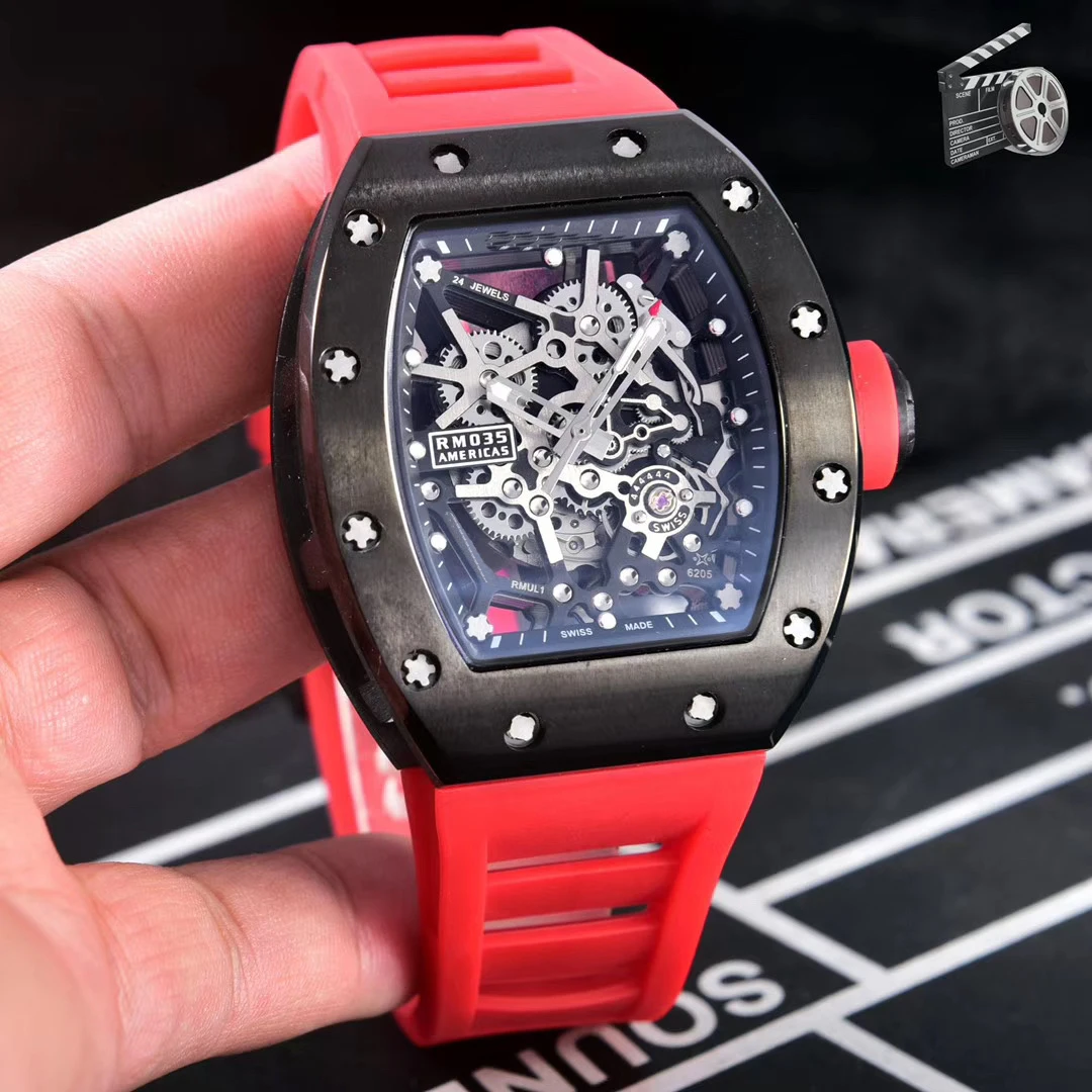 

Luxury Brand New Full Black Case Red Black Orange Rubber Men Stainless Steel Watch Sapphire Automatic Mechanical Calendar Sport