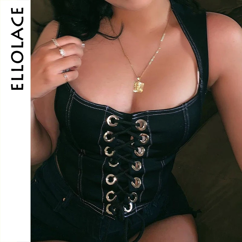 

Ellolace Sexy Lace Up Tanks Women Push Up Skinny Crop Tops Slim Bandage Cropped Shirt Slim Short Party Tank Top Sleeveless Tees