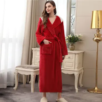 

Thickened Warm Women Robe Autumn Winter Elegant Hooded With Pocket Home Solid Waist Tie Daily Ladies V Neck Dressing Gown