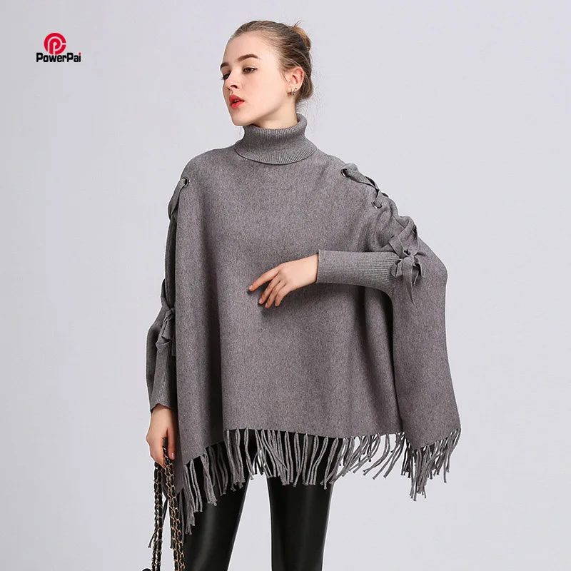 Серый Core Spun пряжа кисточки трос свободный свитер с высоким воротом Мода BatSleeve свитер накидка для женщин осень зима пончо пальто Новинка - Цвет: Серый
