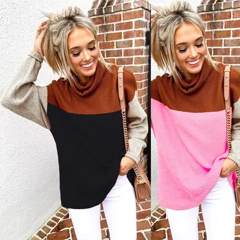 

Winter Knitted Women Turtleneck Pullovers Sweaters Autumn Fashion Casual Woman Pacthwork Warm Long Sleeve Sweater Tops