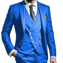 Мужские костюмы из трех предметов, синий пиджак для жениха на одной пуговице, деловые костюмы, смокинг(Блейзер+ жилет+ брюки