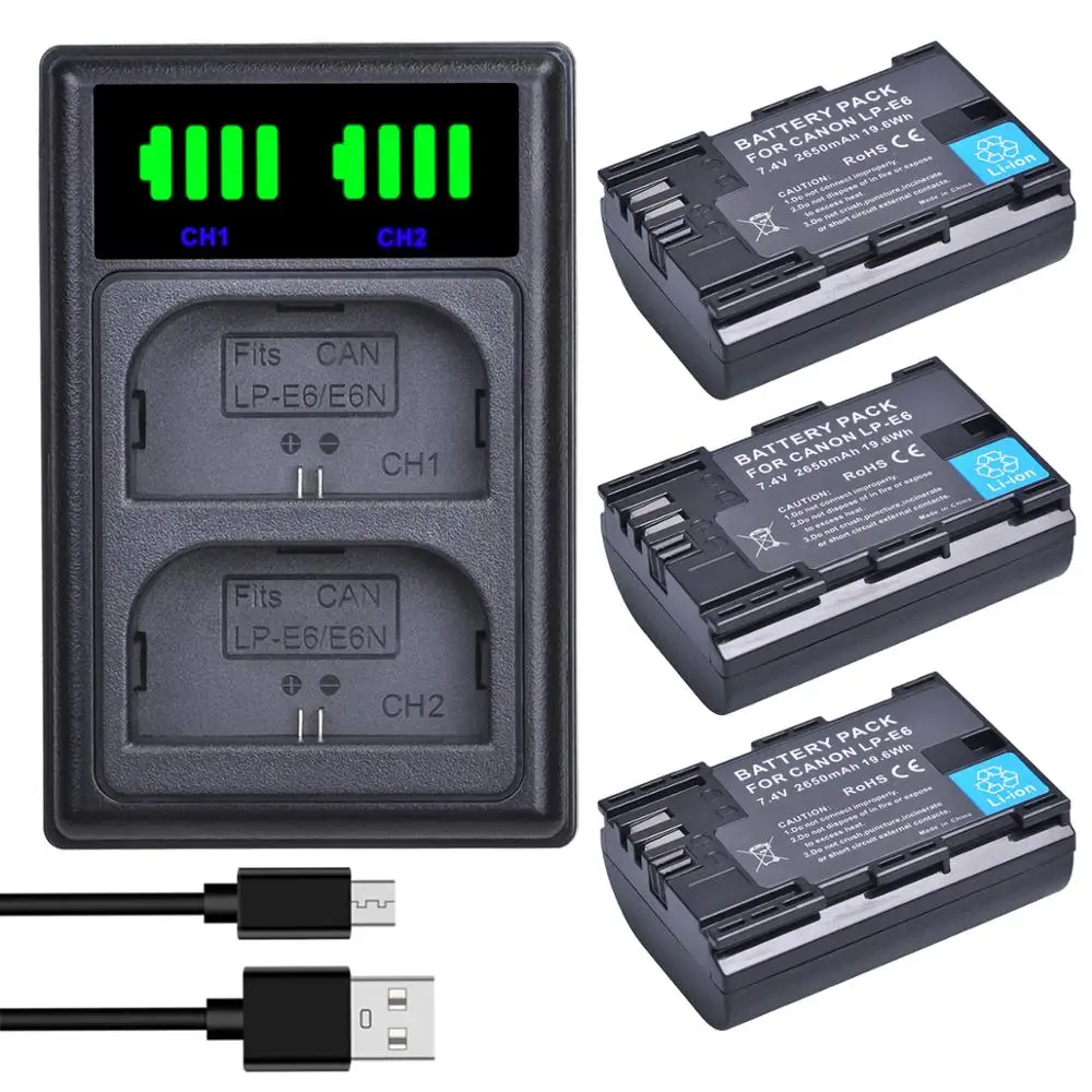 Аккумулятор для камеры LP E6 LPE6 2650 мАч светодиодный двойной зарядное устройство с