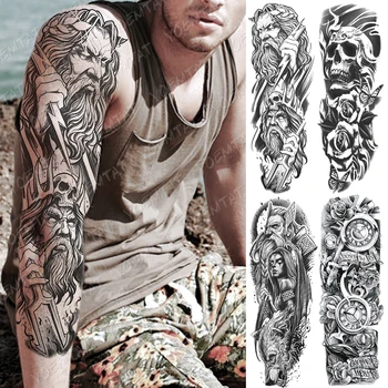 

Large Arm Sleeve Tattoo God Zeus Poseidon Waterproof Temporary Tatto Sticker Lightning Skull Body Art Full Fake Tatoo Women Men