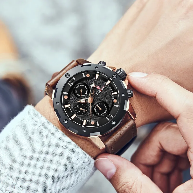 

New Style kademan Card de man Business-Style Three Chronograph Watch Leather Belt Waterproof Quartz Watch