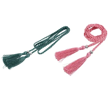

2 Pcs Woven Tassel Belt Knot Decorated Waist Chain Waist Rope, Pink & Cyan