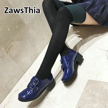 

ZawsThia 2020 spring autumn patent pu leather blue red woman brogue shoes buckle chunky med heels pumps oxford womens shoes