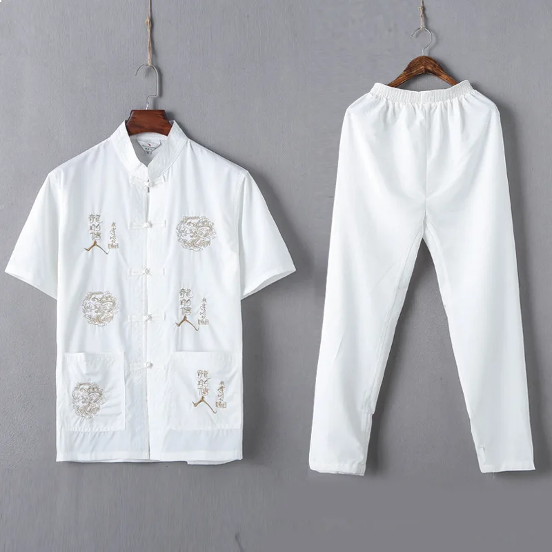Мужские китайские традиционные костюмы комплект из 2 предметов рубашки+ брюки дышащий хлопок дракон вышивка для мужчин год Кунг фу Тан костюм - Цвет: Color4