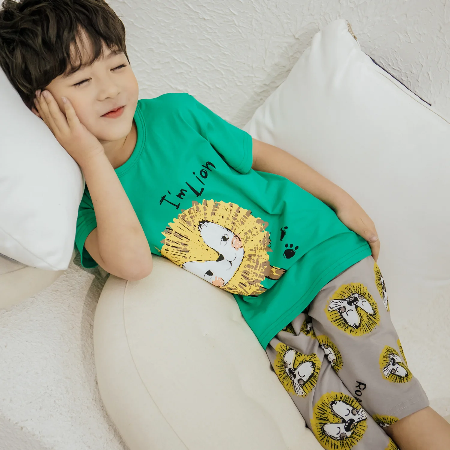 CHILDREN'S Pajamas Boy Summer Pure Cotton Short Sleeve Thin BOY'S Big Boy Summer Cotton Air Conditioner Homewear Set