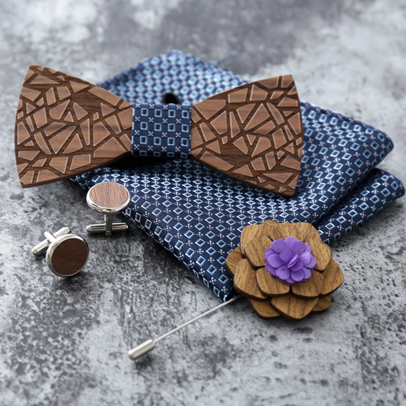  Fashion Handmade Wooden Bow Tie Handkerchief Cufflinks Set Men's 3D Bow Tie Wood Pocket Square With