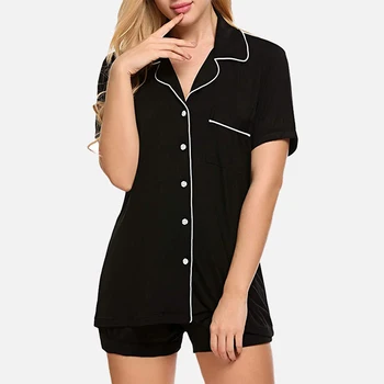 

Turn Down Coller Pocket Dot Print Women Pajama Sets Short Sleeves Shirts+ Lace Up Pants Sleepwear Suit Summer Female Homewear