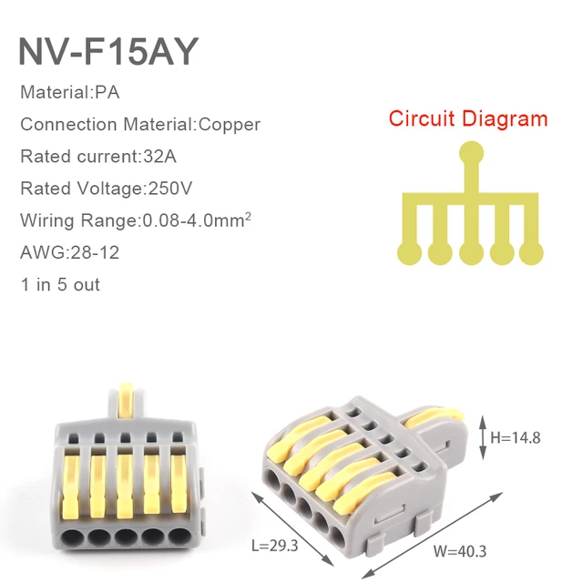 5PCS 1 in multiple out Splitter plug-in Quick Wire Connectors Combined Butt Parallel Terminals With Lever For Junction Box 5PCS NV-F15AY