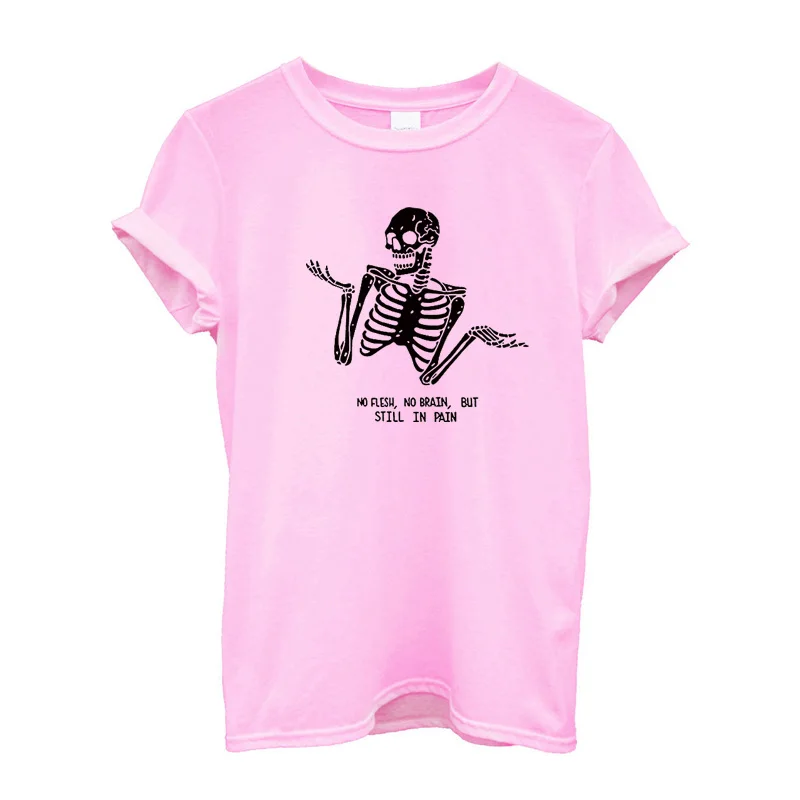 Женская футболка с черепом в стиле панк-рок, футболка с графическим принтом Femme Cool в виде скелета на Хэллоуин, футболки с принтом, хлопковые топы с круглым вырезом, унисекс, Прямая поставка - Цвет: P2061LPink