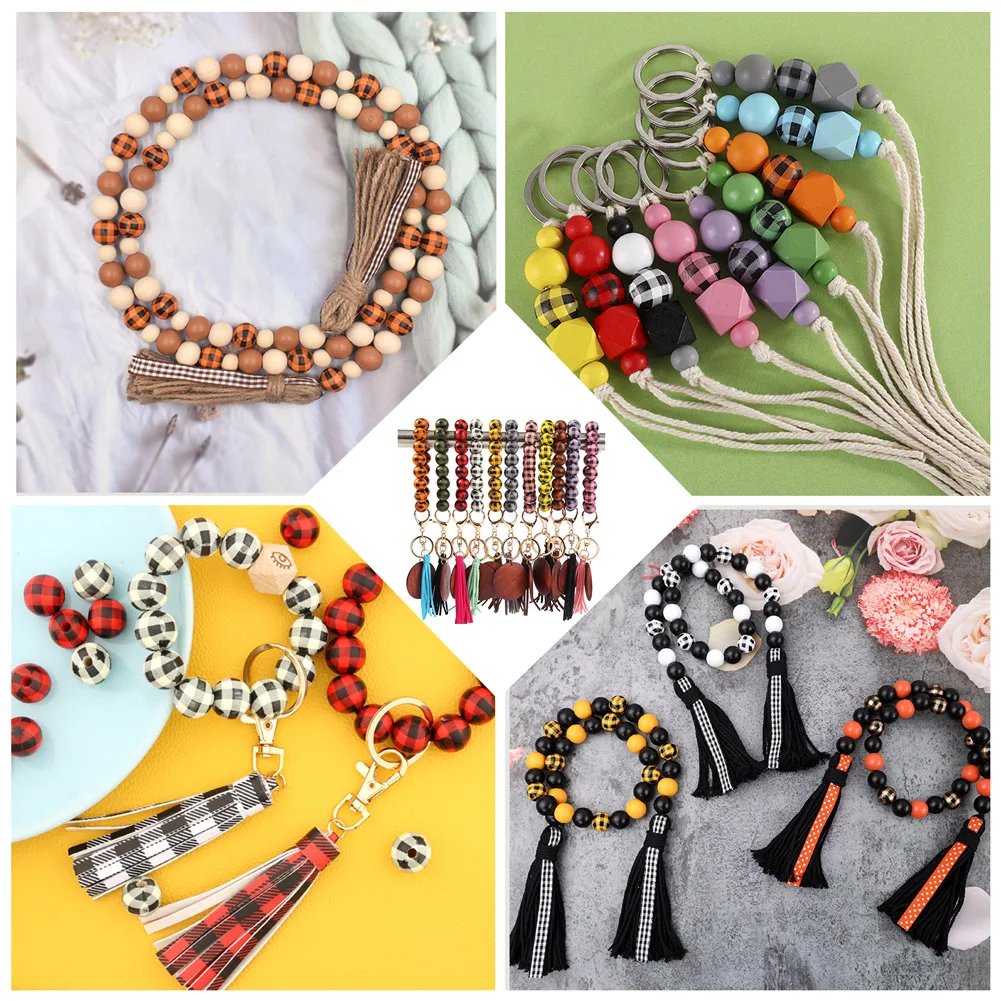 16mm Wood Buffalo Plaid Beads Natural Wooden Beads Christmas Round Balls Spacer Beads for Jewelry DIY Bracelets Garland Handmade