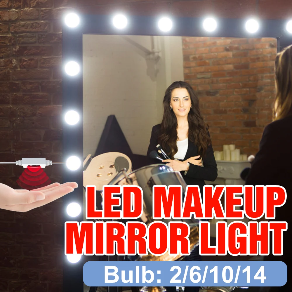 

LED 12V Cosmetic Light Bulb LED Dimmable Beauty Vanity Table Lamp USB Bulb Hand Sweep Makeup Mirror Fill Light 2 6 10 14 Bulbs