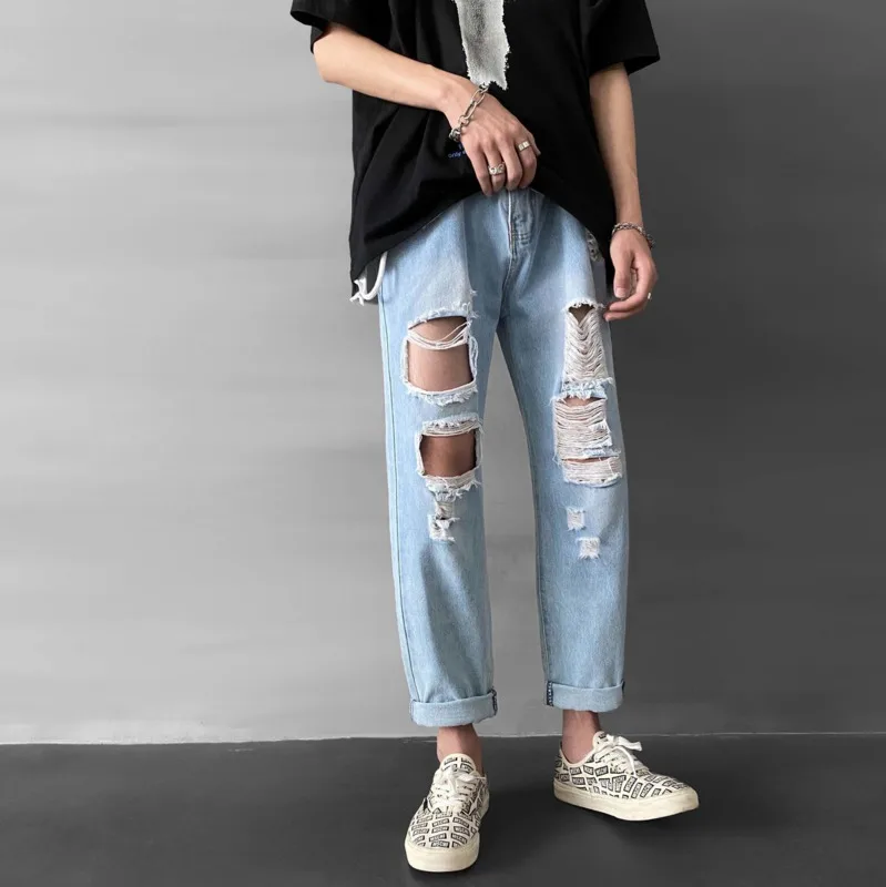 

2020 Spring And Summer New Youth Popular Men's Solid Color Loose Hole Falling Jeans Fashion Casual Straight Pants M-3XL