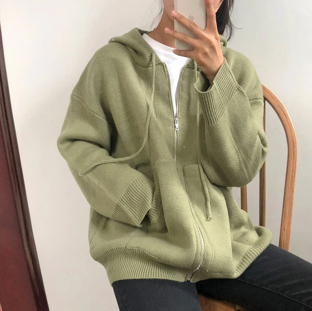 Корейский Стиль Повседневный с капюшоном вязаный свитер женский Осень однотонный Свободный Тонкий молнии карман длинный рукав женский свитер