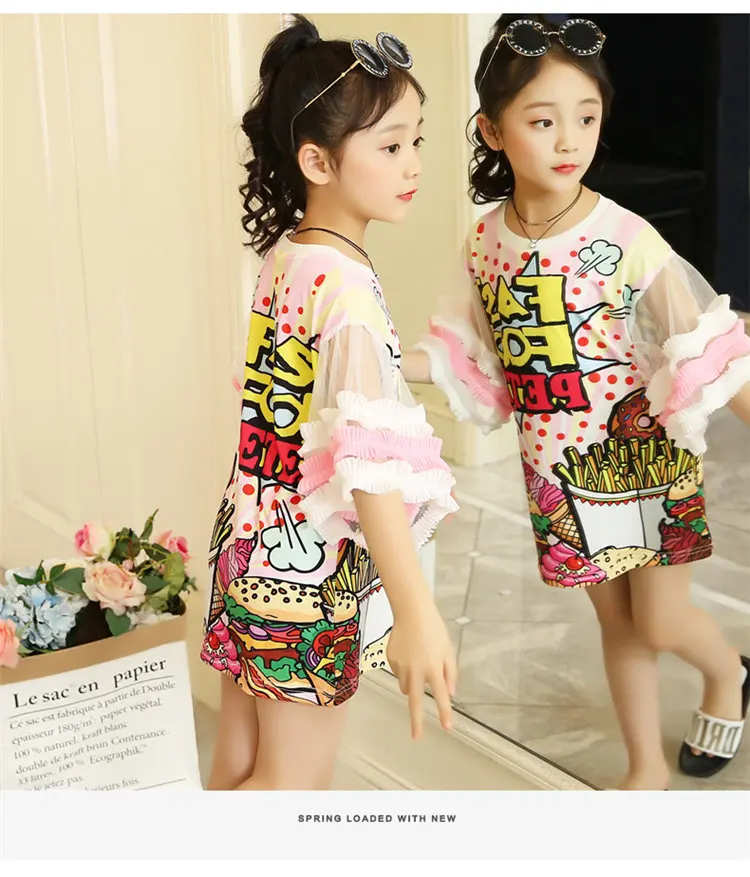 Преувеличенная футболка для девочек; платье с цветным буквенным принтом; Специальный дизайн для девочек-подростков; летняя футболка с рукавами-лепестками; платья