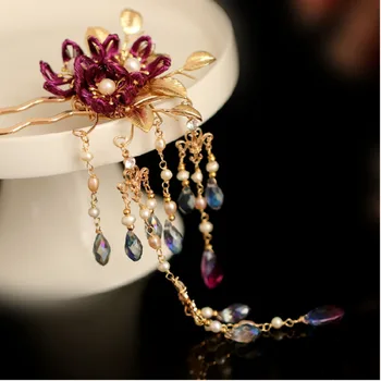 

Antique Flower Rose Red Tassels Hair Pins Wedding Hair Accessories Head Chain Golden Leaves Jewelry Hair Stick For Girl