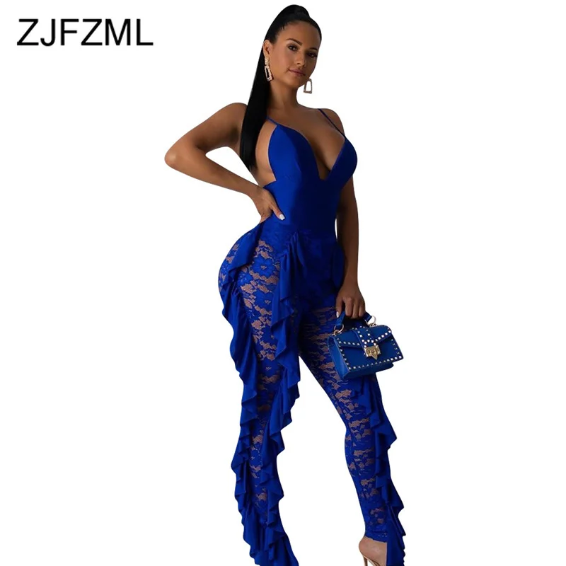 

Perspective Lace Spliced Cross Backless Sexy Jumpsuit Women Spaghetti Strap Ruffles Skinny Rompers Deep V Neck Party Bodysuit