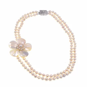 

Handmade 2 Layer White Freshwater Pearls Bib White Sea Shell Flower Necklace for Women