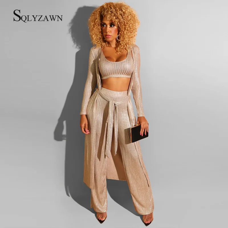 Элегантный Блестящий комплект из 3 предметов женский длинный кардиган + кроп топ