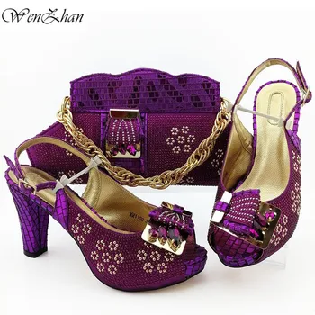 

WENZHAN Purple Shoes And Handbag Purse Open Toe Set High Quality with top Crystal for wedding party B911-8