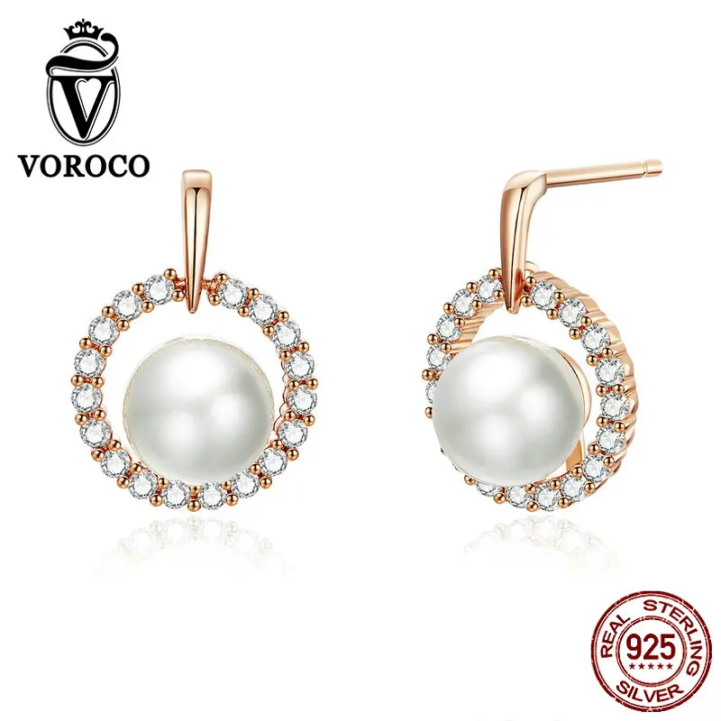 VOROCO Real 925 Sterling Silver Stud Earrings Rose Golden Elegant Pearl Circle Earrings Fine Jewelry Wedding Engagement BNE298