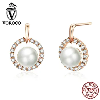

VOROCO Real 925 Sterling Silver Stud Earrings Rose Golden Elegant Pearl Circle Earrings Fine Jewelry Wedding Engagement BNE298